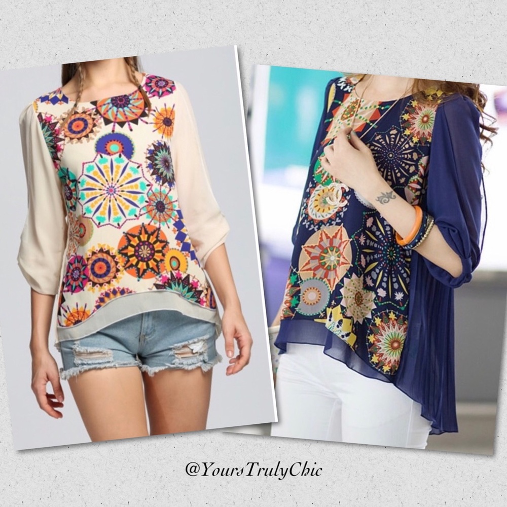 Blue Cream Pattern Chiffon Top